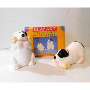 Clay Art Dog Bone 7566 Collectible Salt Pepper Shakers White Black Vintage 1992